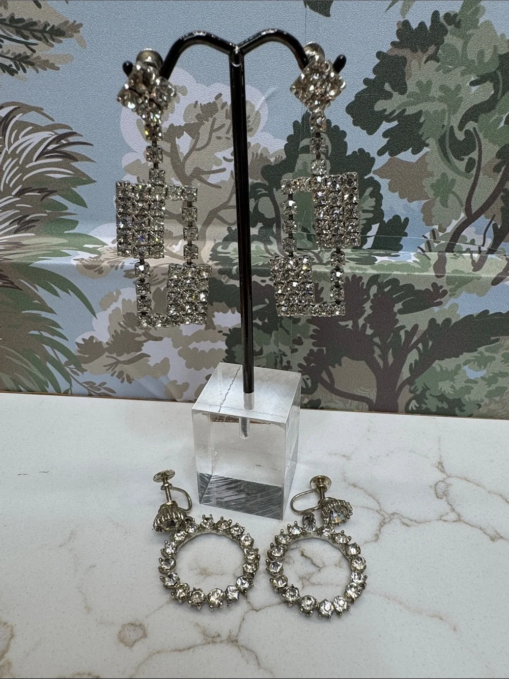 Set of 2 Crystal Vintage  Statement Drop Earrings -  Rhinestone 1950s-60s